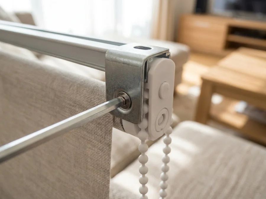 Close-up of a blind headrail bracket and control mechanism being serviced in a Ruimsig home