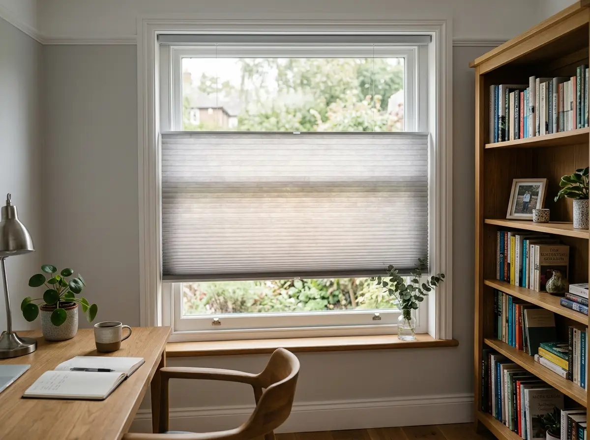 Cellular (Honeycomb) Blind lowered two-thirds down a home office window in a Ruimsig home
