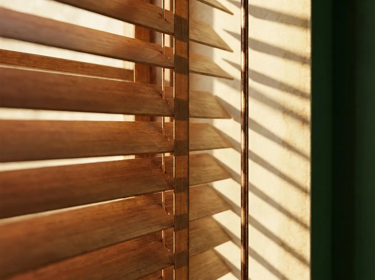 Close-up of timber venetian blind slats tilted against afternoon light in a Ruimsig home