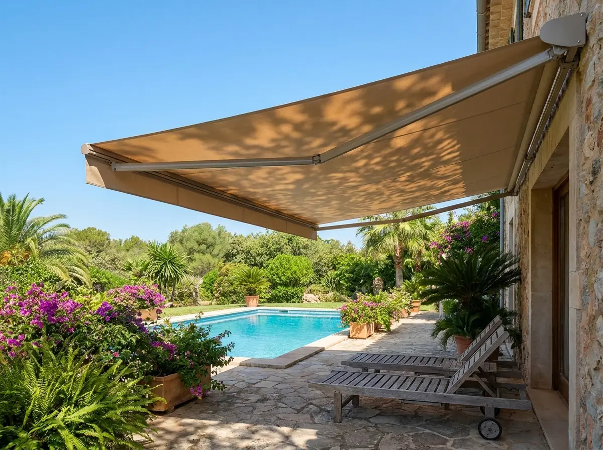 Folding-arm awning extended over a poolside patio with deck chairs in a Ruimsig home