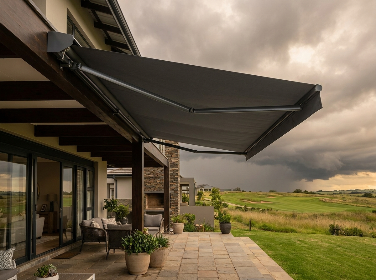 Folding-arm awning extended over a Ruimsig estate patio, dark storm clouds gathering over the golf-estate grassland behind it