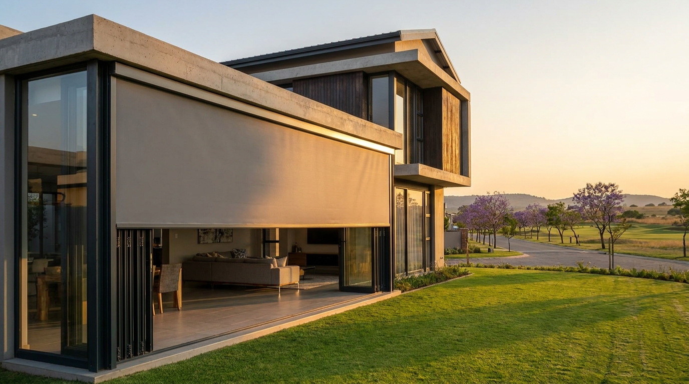 Contemporary Ruimsig golf-estate home with a wide sunscreen roller blind lowered halfway across full-height stacking glass doors, low afternoon sun catching the fairway and jacaranda-lined estate street beyond