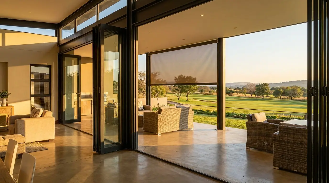 Wide stacking glass doors open to a covered patio in a Ruimsig golf-estate home, sunscreen roller blind partially lowered, warm late-afternoon sun on the fairway beyond