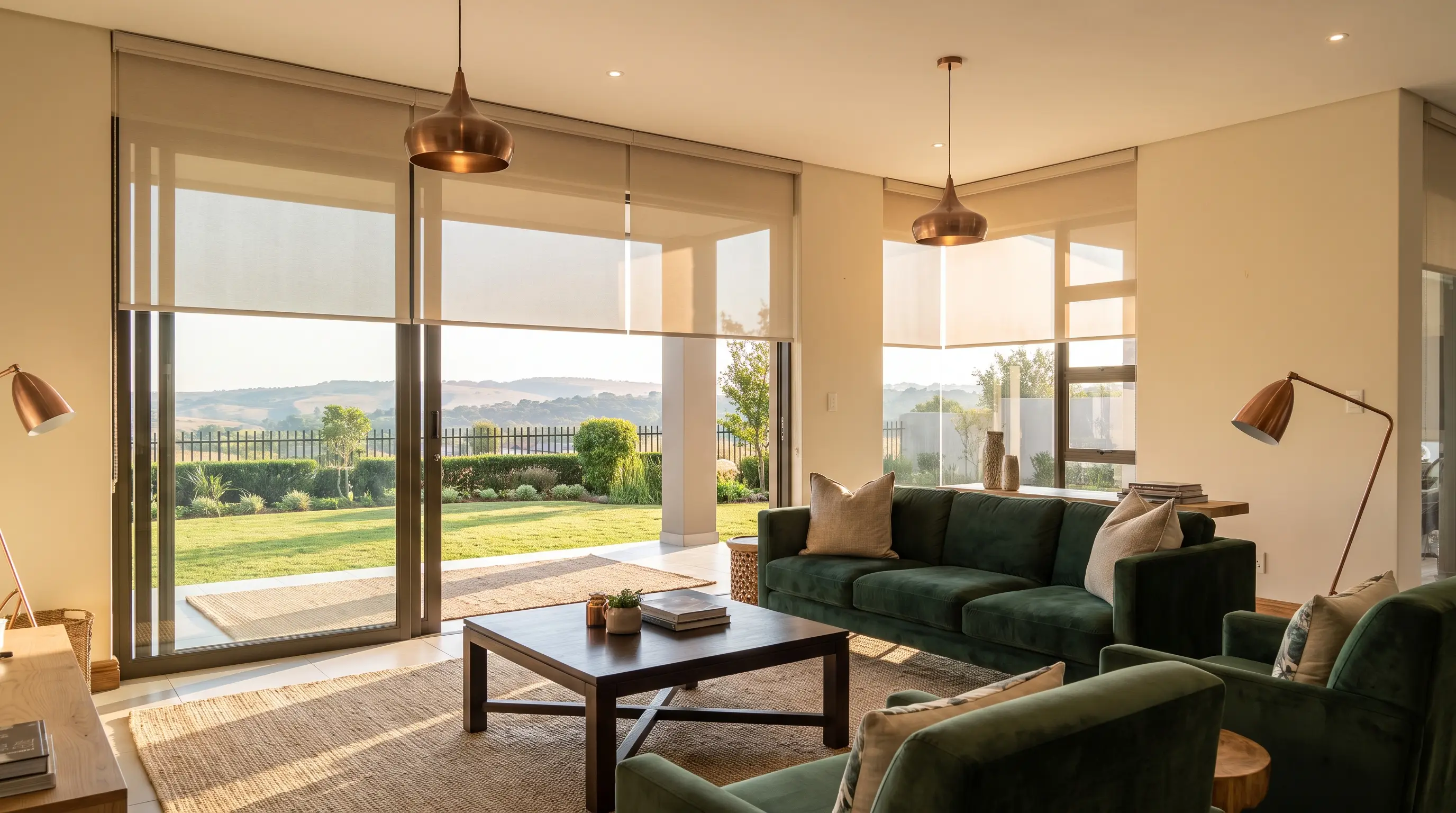 Open-plan living room in a Ruimsig estate home with sunscreen roller blinds lowered over full-height glass onto the garden