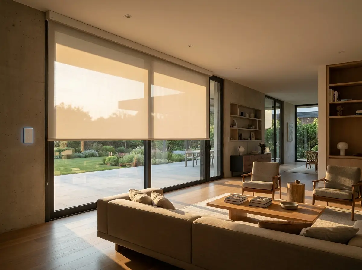 Motorised roller blind partially lowered over floor-to-ceiling glass in a Ruimsig living room, with a wall-mounted touch control panel beside the window