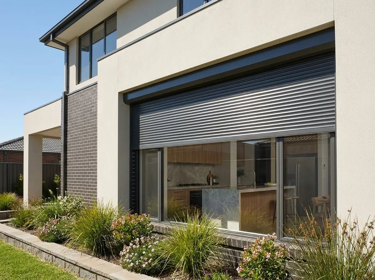 External aluminium roller shutter rolled two-thirds down over a kitchen window on a Ruimsig home