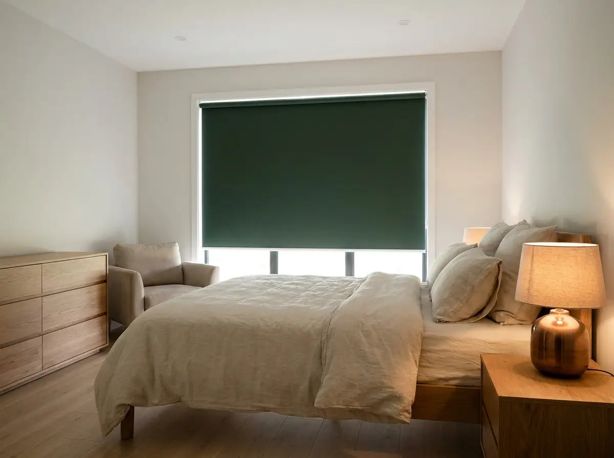 Bedroom in a Ruimsig estate home with a deep green blockout roller blind fully lowered over the window