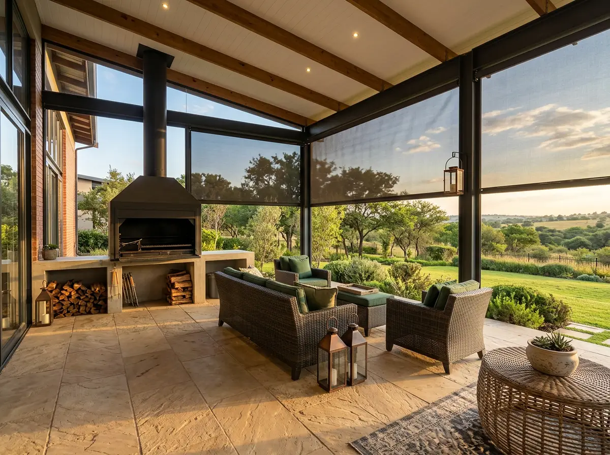 Covered braai patio on a Ruimsig estate home with zip screens lowered in their side channels against the late sun